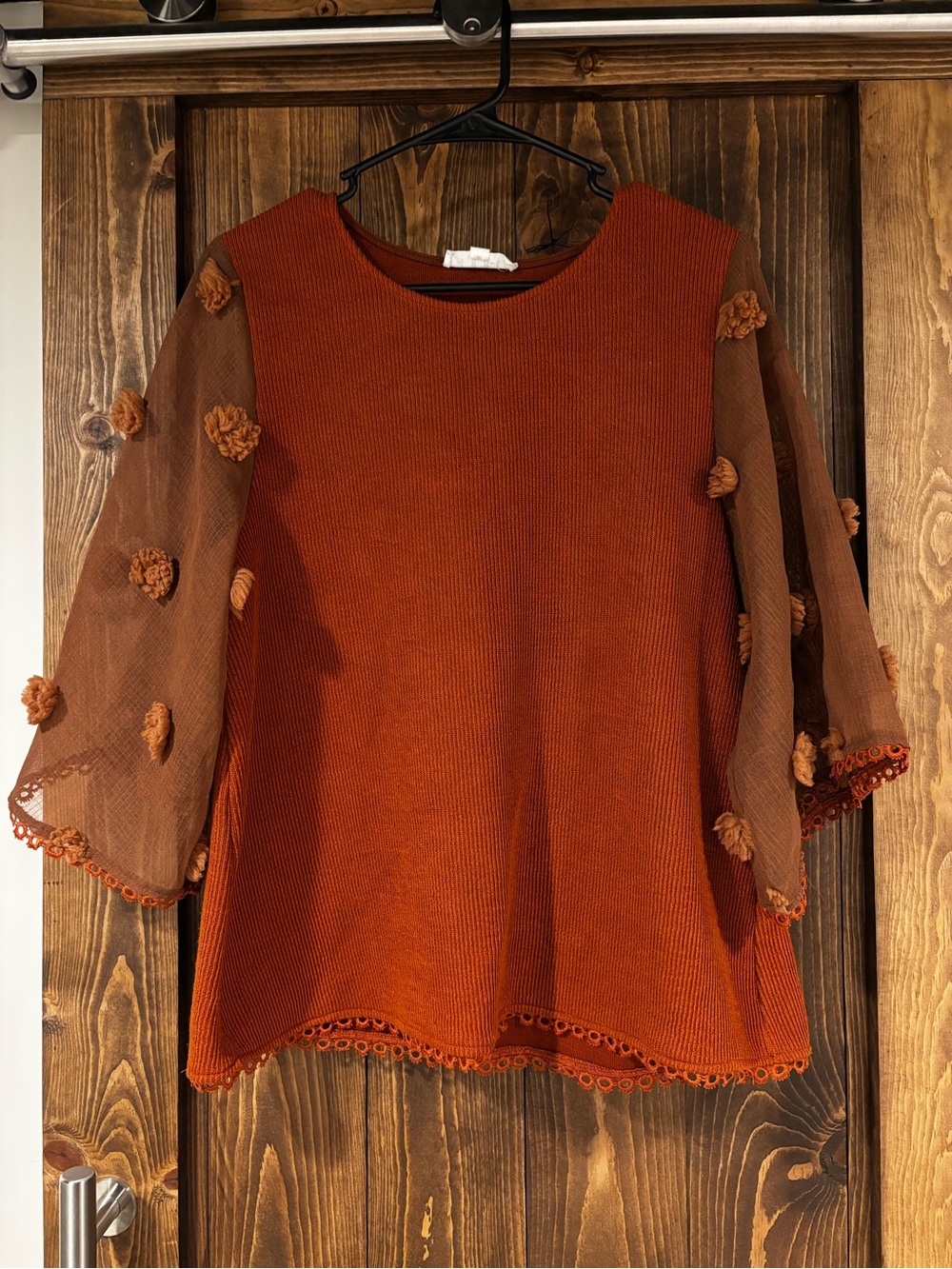 THML Boutique Knit Sheer Sleeve Embroidered Scallop Detail Top Large